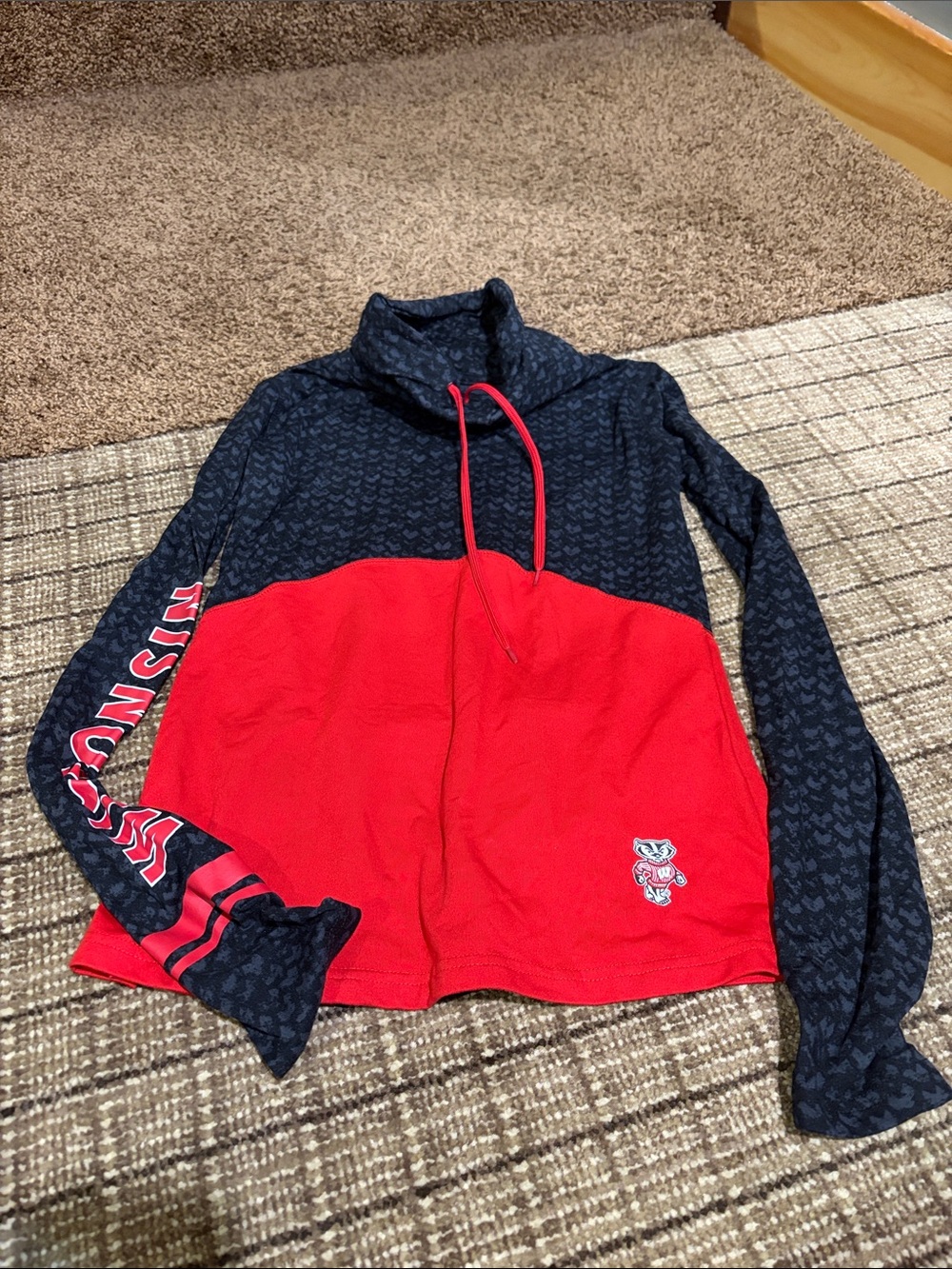Women's Two-Tone Red and Navy Long Sleeve Pullover with Funnel Neck